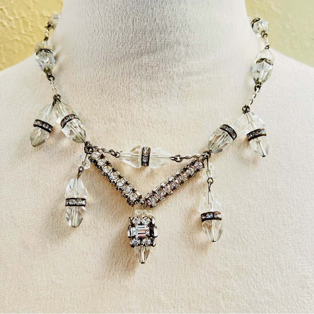 Vintage Czech Crystal Festoon Art Deco Briolette Drops Rhinestone Necklace 19”